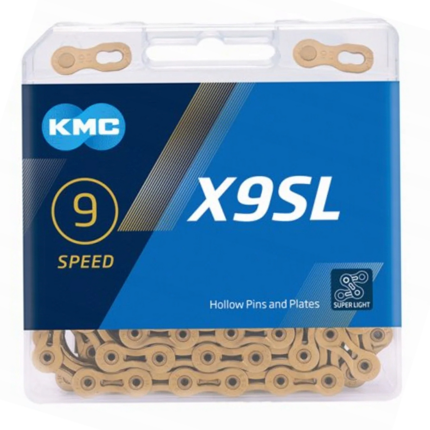 Łańcuch rowerowy 9rz. KMC X9 Ti-N Gold 114og. Box+Spinka BX09TI114