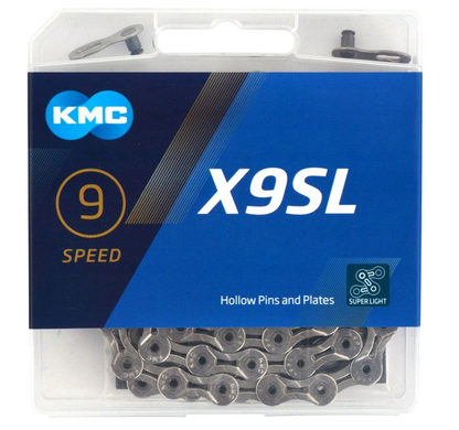 Łańcuch rowerowy 9rz. KMC X9 SL Sil 114og. Box + Spinka BX09SLN14