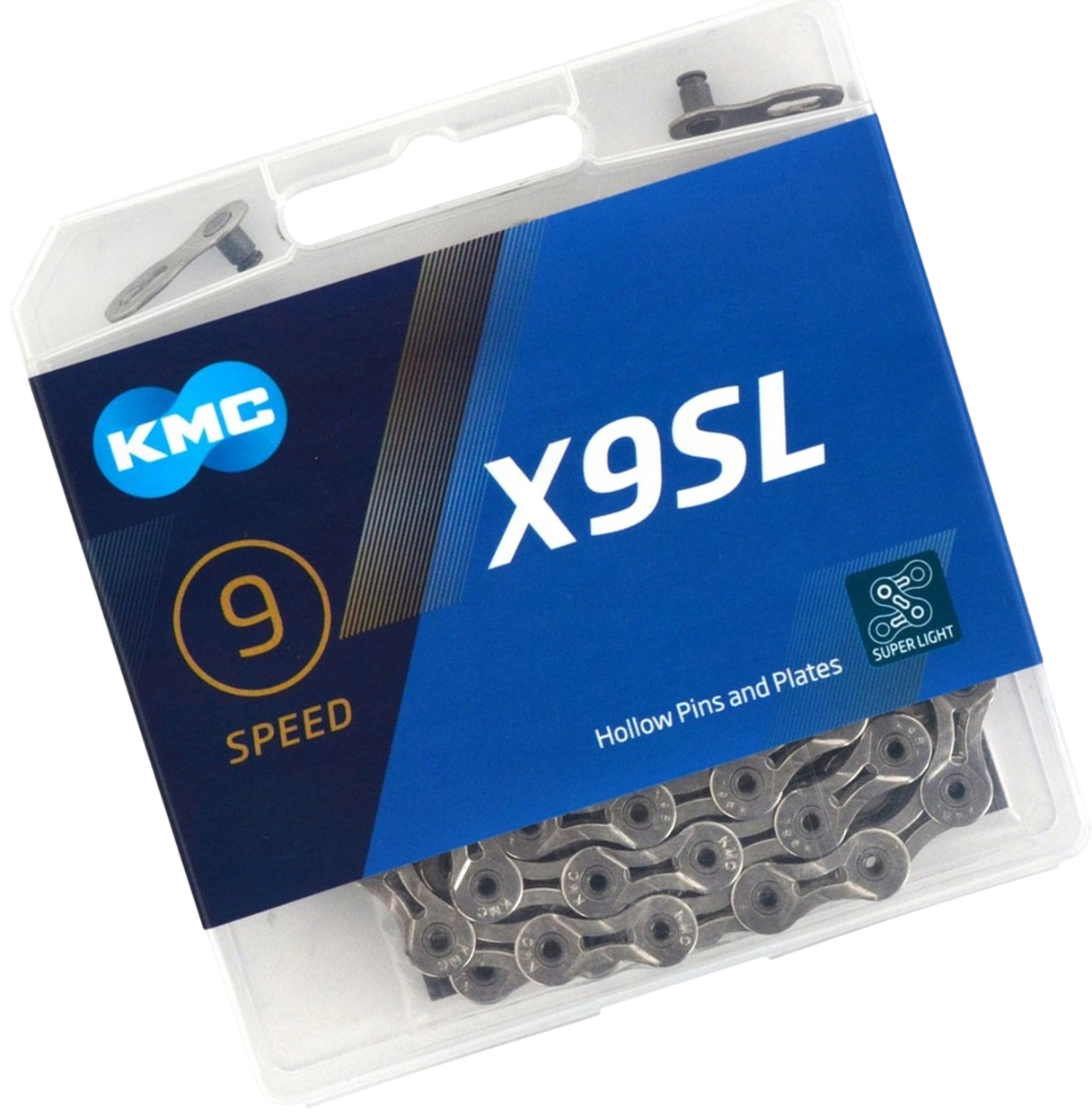 Łańcuch rowerowy 9rz. KMC X9 SL Sil 114og. Box + Spinka BX09SLN14